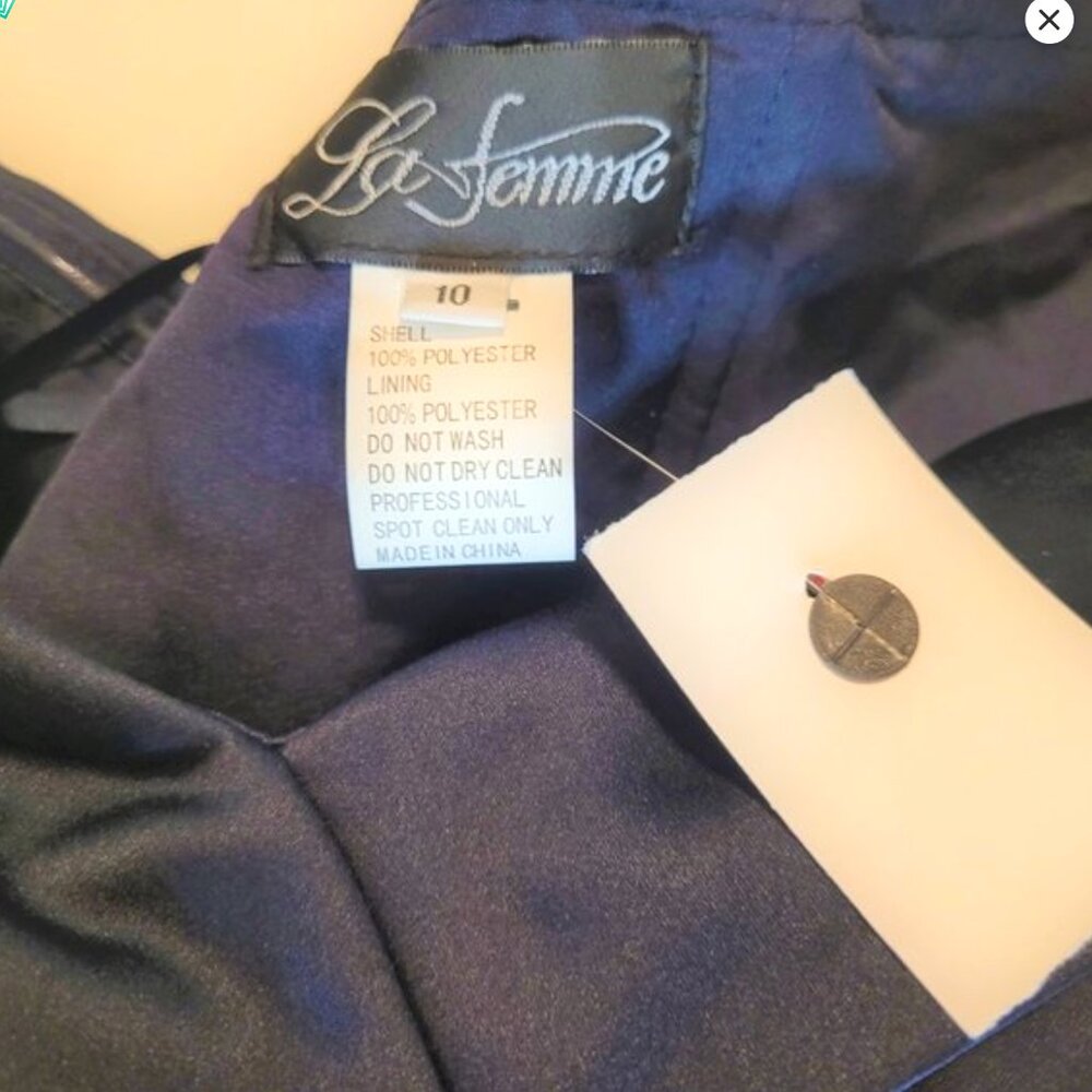 La Femme Off Shoulder Ruched Satin Trumpet Gown in Midnight Blue, size 10, NWOT! - Picture 6 of 11
